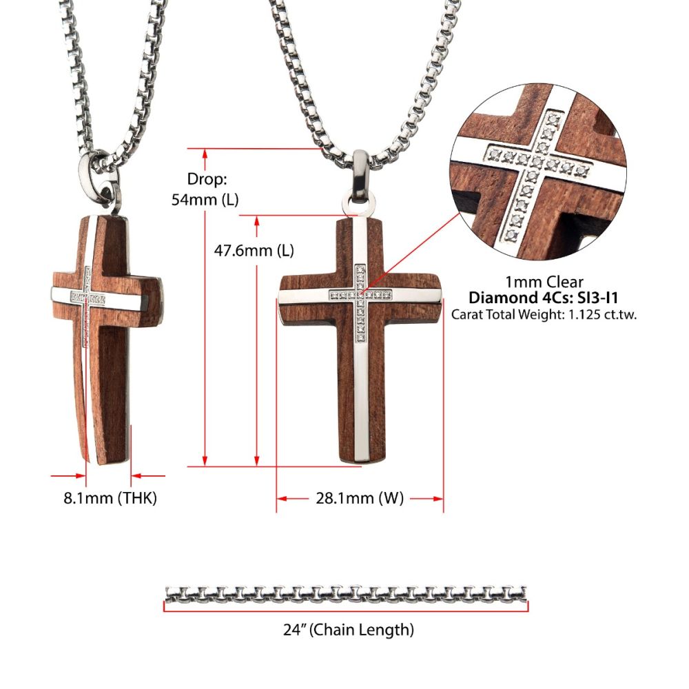Bubinga Wood & Steel Cross Pendant with 15pcs 1mm Genuine Clear Diamonds