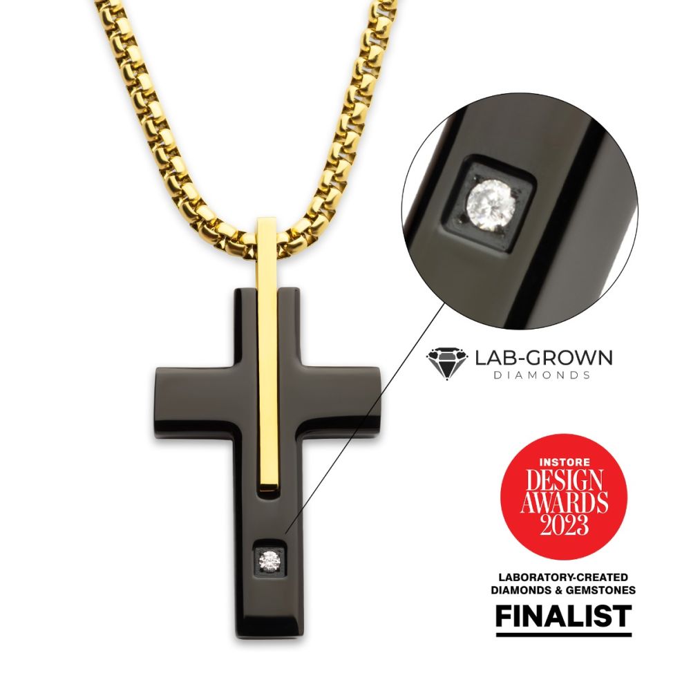 18Kt Gold IP and Black IP Steel Solitaire Accented Clear Lab-Grown Diamond Cross Pendant