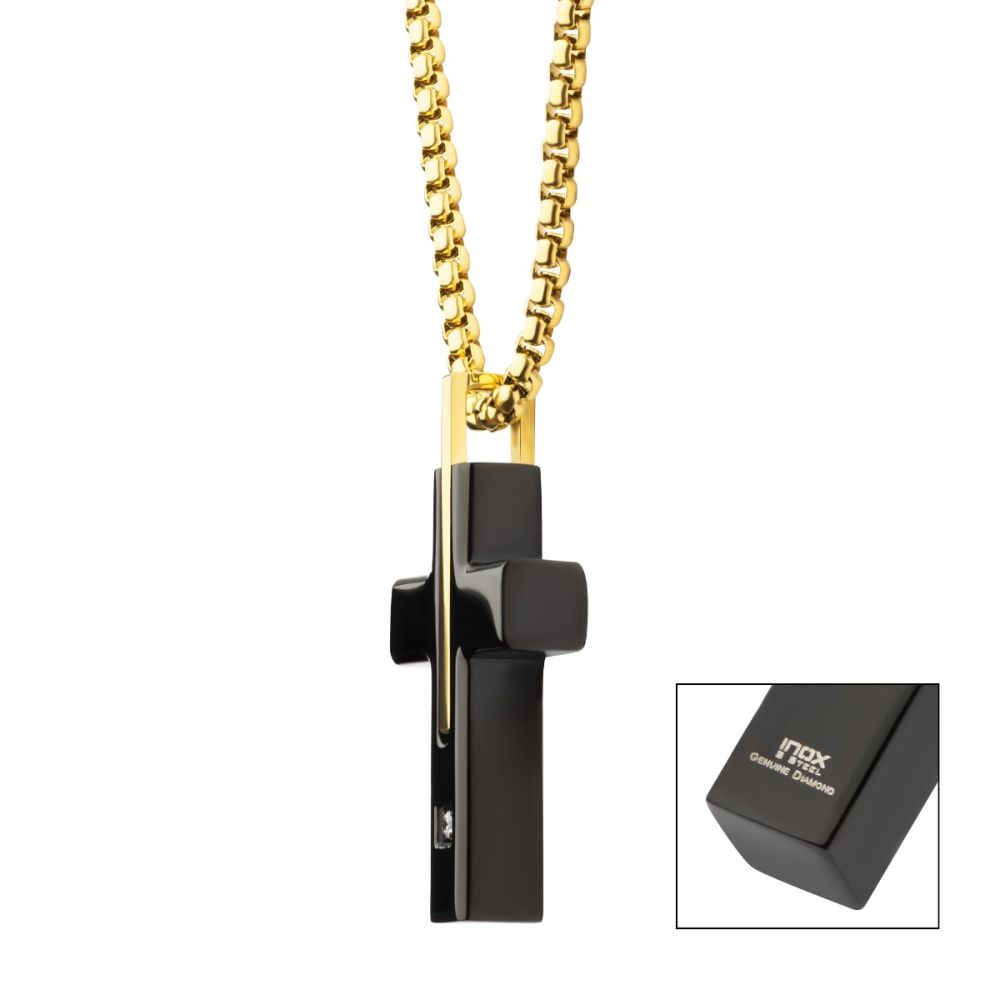 18Kt Gold IP and Black IP Steel Solitaire Accented Clear Lab-Grown Diamond Cross Pendant