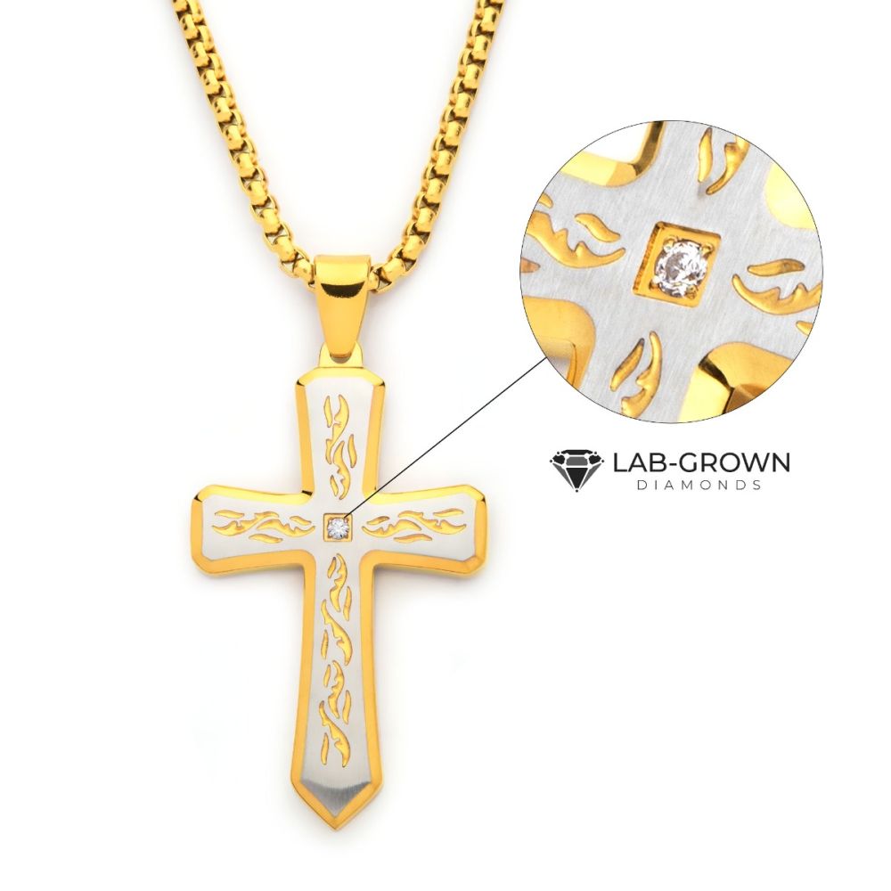 18kt Gold IP Tribal Cross Pendant with 2mm Lab-grown Diamond