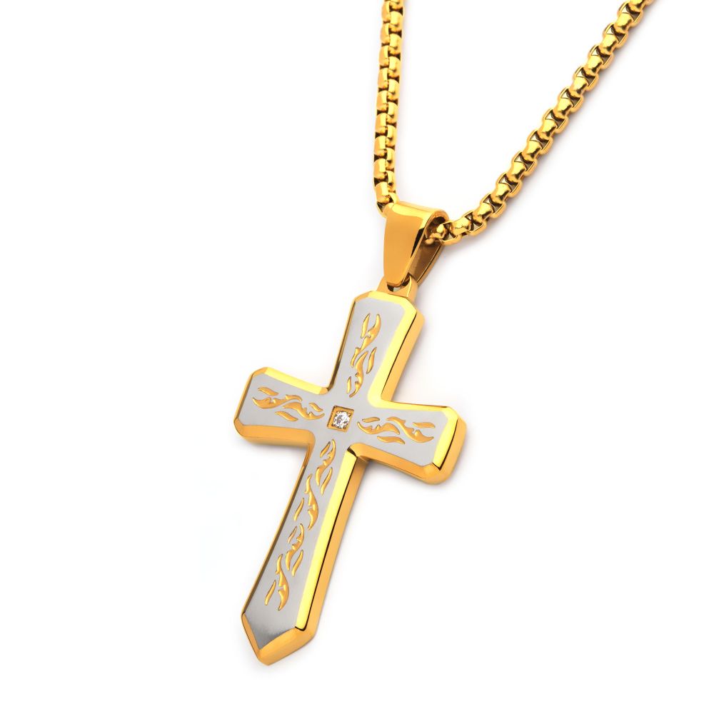 18kt Gold IP Tribal Cross Pendant with 2mm Lab-grown Diamond