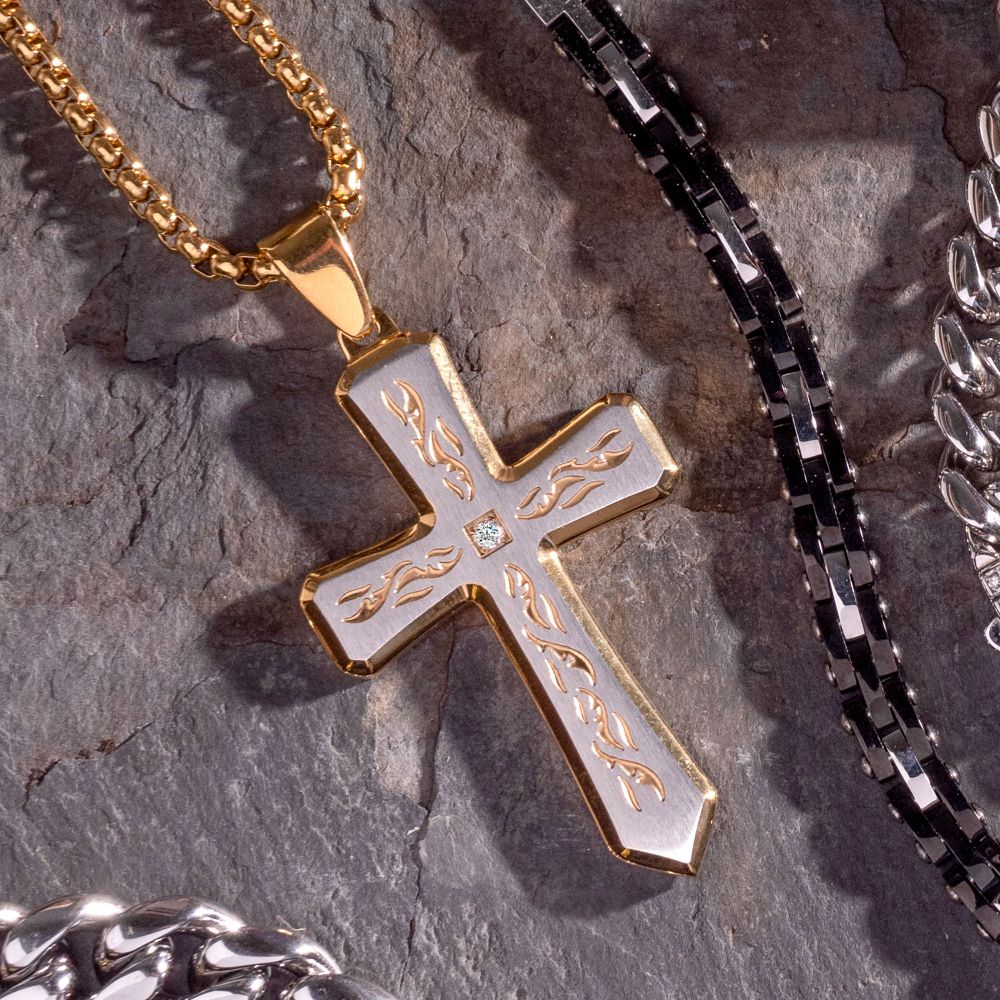 18kt Gold IP Tribal Cross Pendant with 2mm Lab-grown Diamond