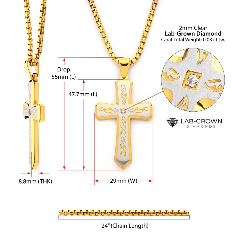 18kt Gold IP Tribal Cross Pendant with 2mm Lab-grown Diamond