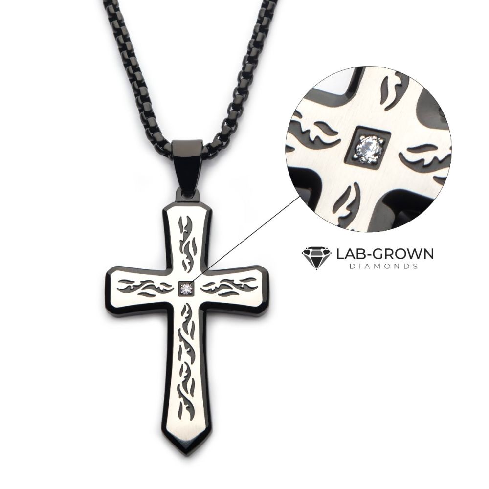 Black IP Tribal Cross Pendant with 2mm Lab-grown Diamond