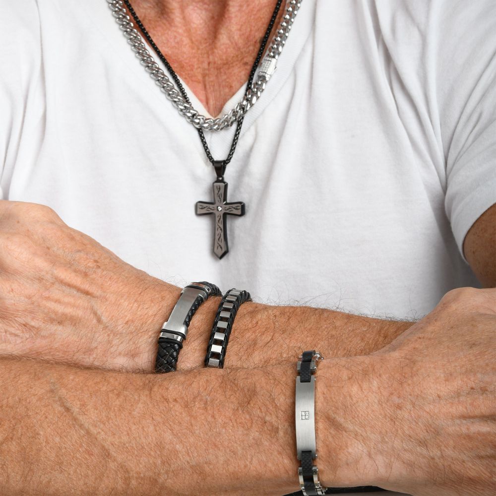 Black IP Tribal Cross Pendant with 2mm Lab-grown Diamond