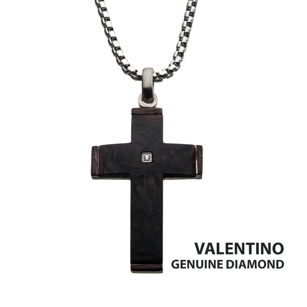 Solid Carbon Cross Pendant with 1.5mm Genuine Clear Diamond 24"