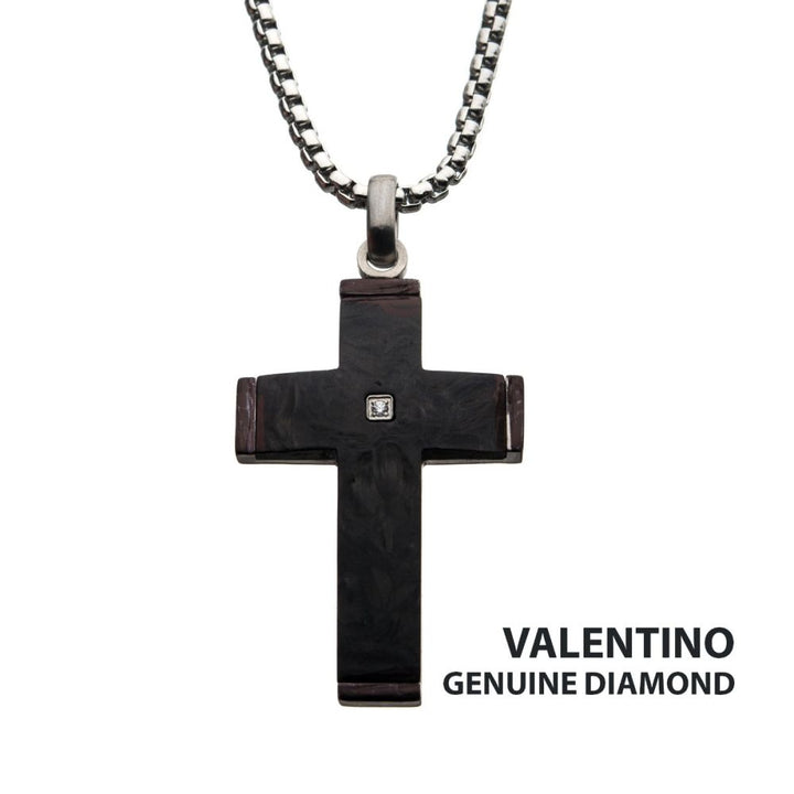 Solid Carbon Cross Pendant with 1.5mm Genuine Clear Diamond 24"