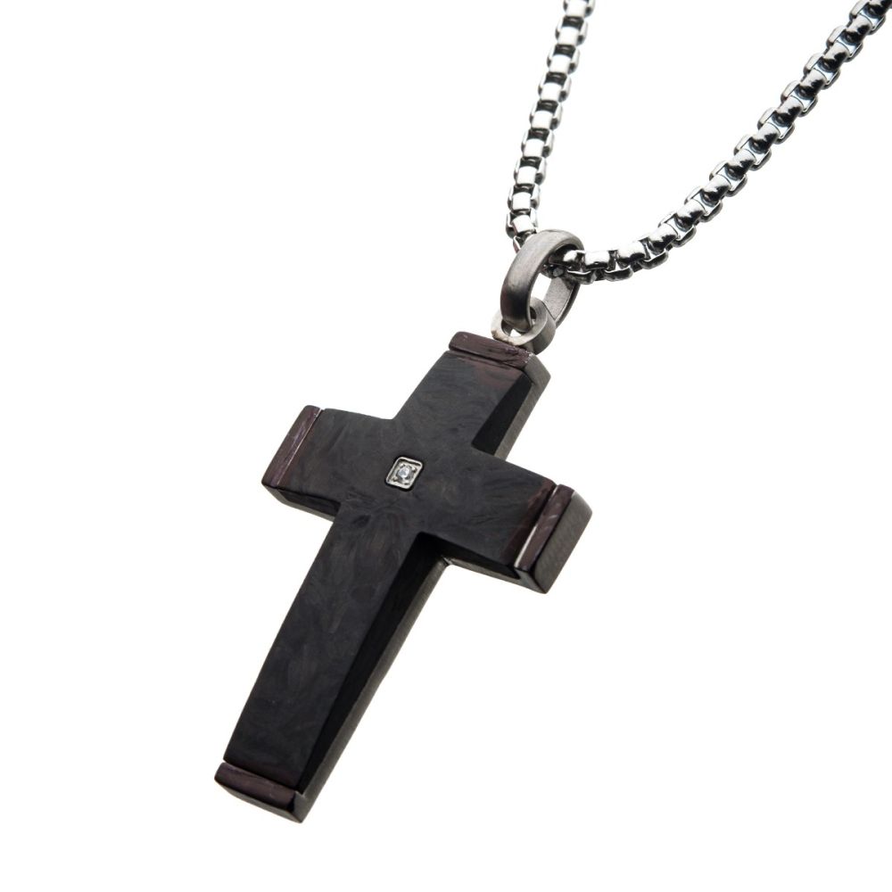 Solid Carbon Cross Pendant with 1.5mm Genuine Clear Diamond 24"