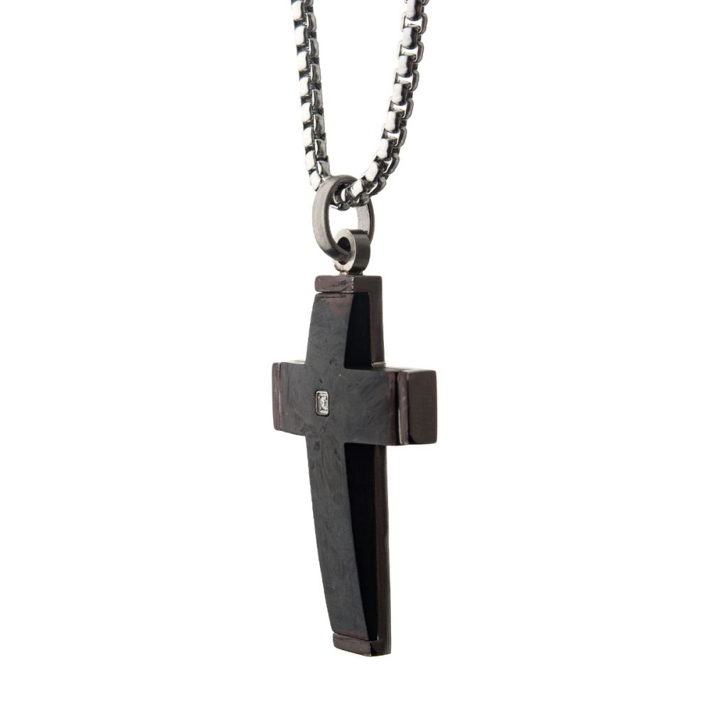 Solid Carbon Cross Pendant with 1.5mm Genuine Clear Diamond 24"
