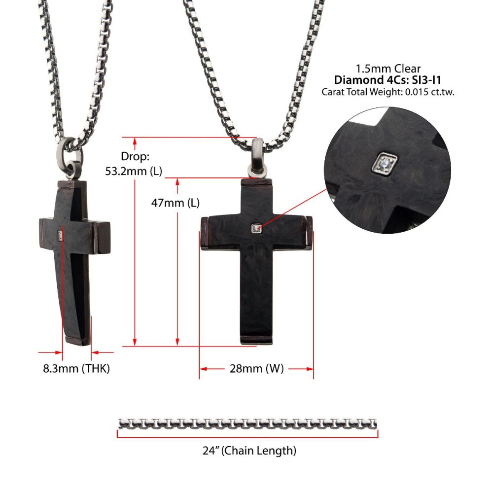 Solid Carbon Cross Pendant with 1.5mm Genuine Clear Diamond 24"