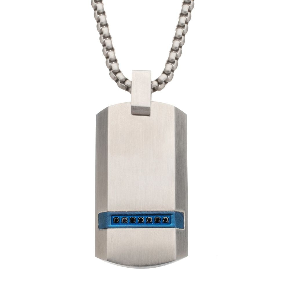 Stainless Steel Black Sapphire Dog Tag Necklace 24 Inch Chain