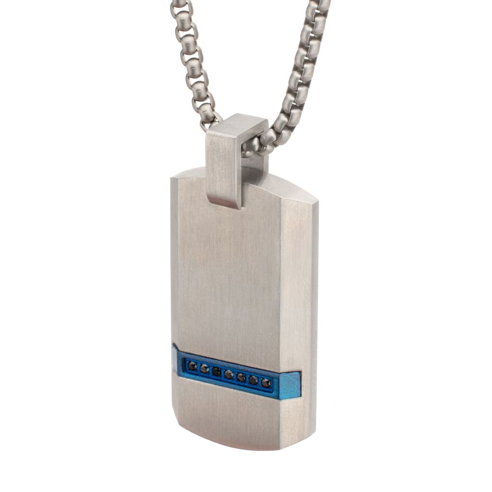 Stainless Steel Black Sapphire Dog Tag Necklace 24 Inch Chain