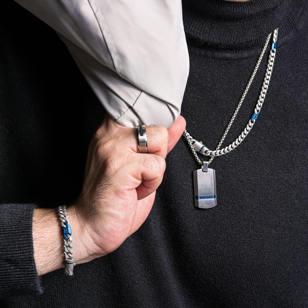 Stainless Steel Black Sapphire Dog Tag Necklace 24 Inch Chain