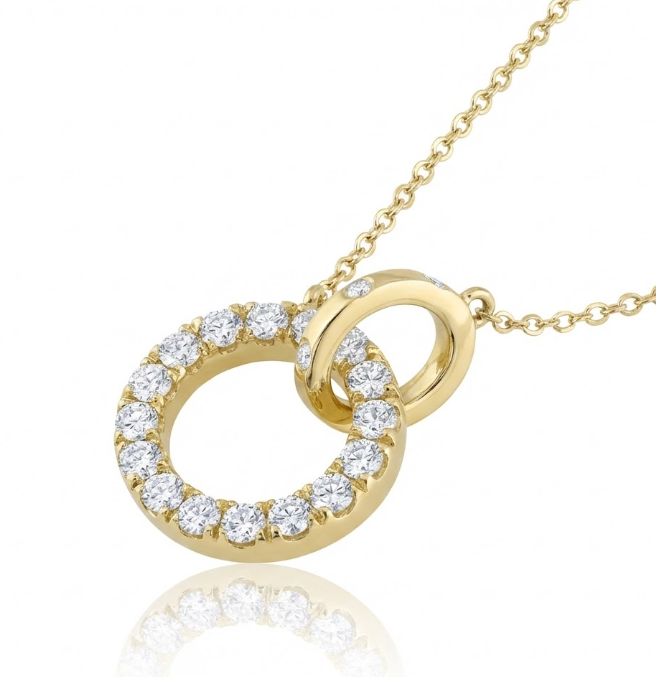 Diamond Double Circle Necklace | 14K Yellow Gold | Round Diamonds | Interlocking Pendant | 18" - Brownee Jewelers