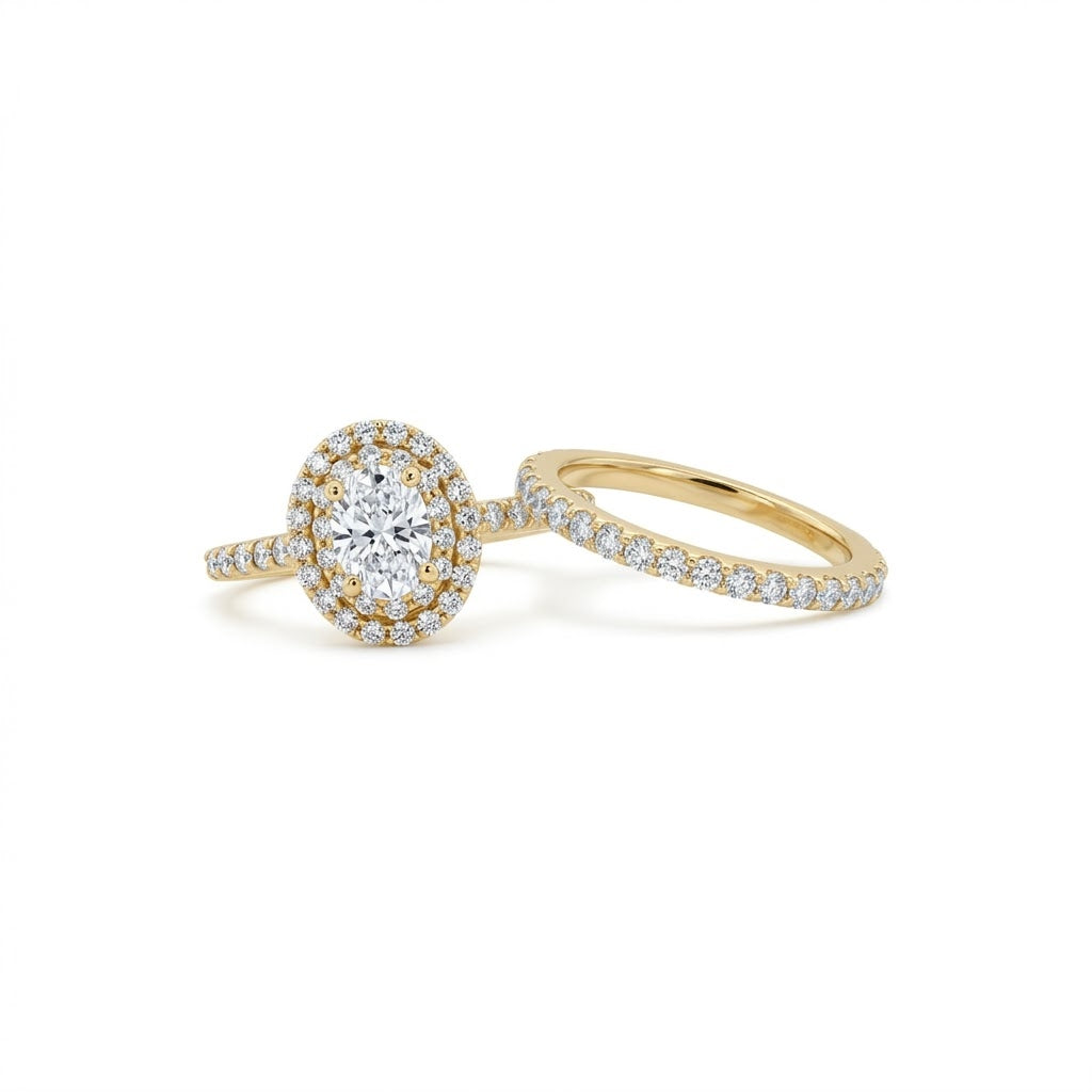 Oval Diamond Halo Bridal Set | 14K Yellow Gold | Diamond Engagement Ring & Matching Wedding Band | 0.50 CT Center Diamond - Brownee Jewelers