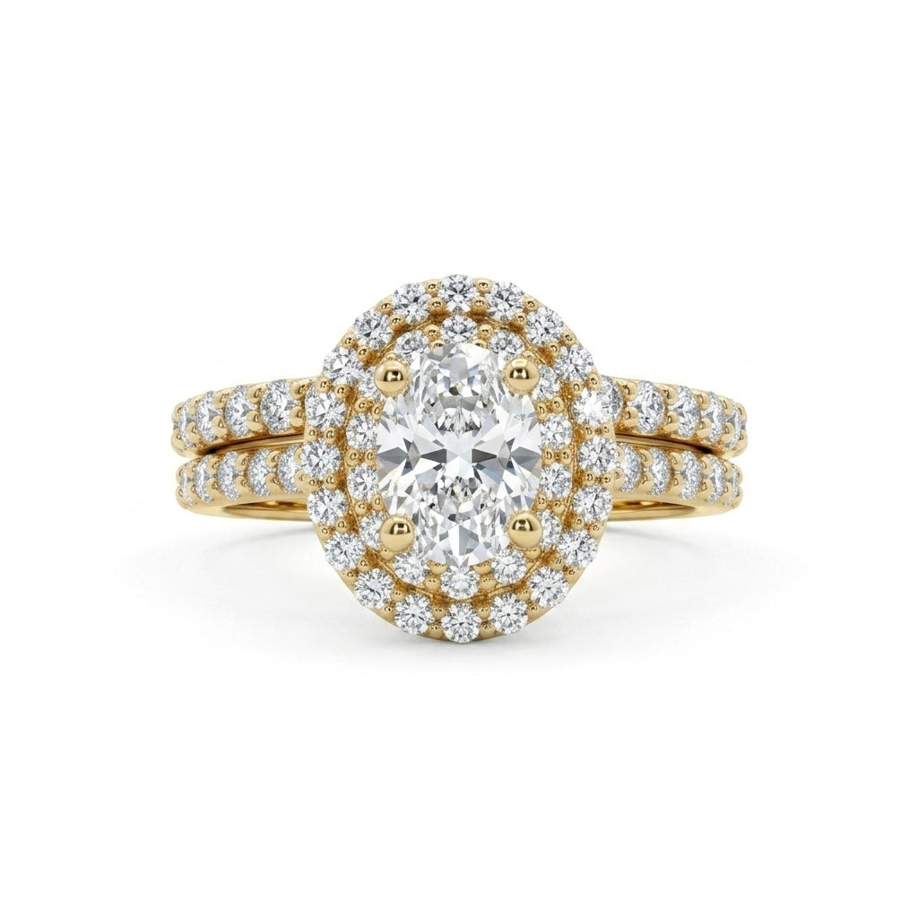 Oval Diamond Halo Bridal Set | 14K Yellow Gold | Diamond Engagement Ring & Matching Wedding Band | 0.50 CT Center Diamond - Brownee Jewelers