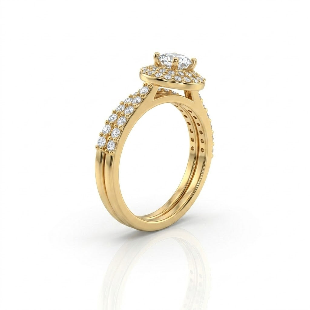 Oval Diamond Halo Bridal Set | 14K Yellow Gold | Diamond Engagement Ring & Matching Wedding Band | 0.50 CT Center Diamond - Brownee Jewelers