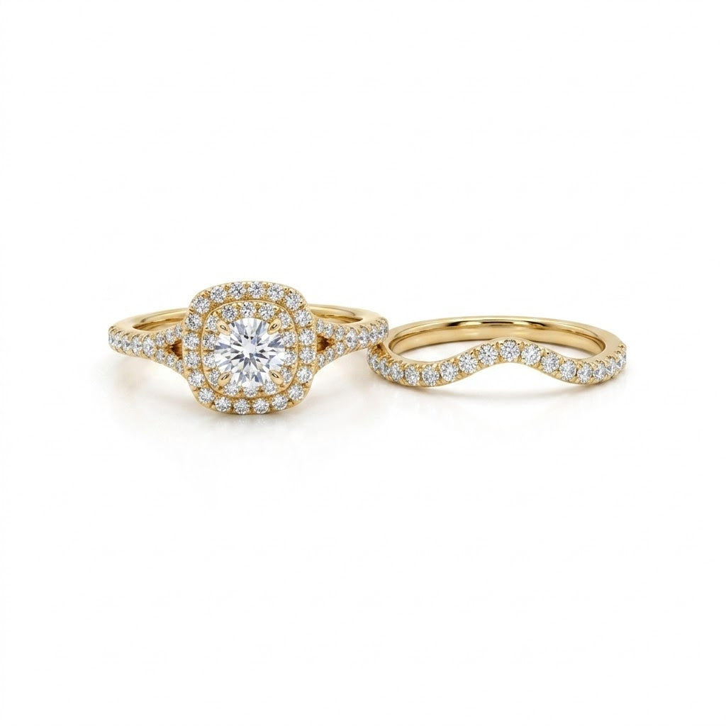 Cushion-Cut Diamond Bridal Set | 14K Yellow Gold | Double Halo Engagement Ring Set | 0.40 CT Center Diamond - Brownee Jewelers