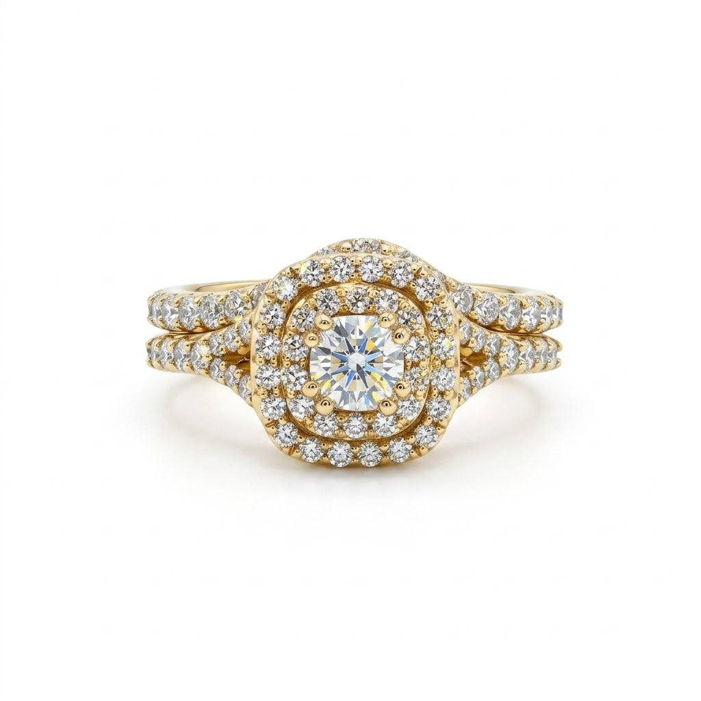 Cushion-Cut Diamond Bridal Set | 14K Yellow Gold | Double Halo Engagement Ring Set | 0.40 CT Center Diamond - Brownee Jewelers
