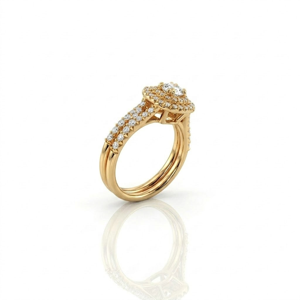 Cushion-Cut Diamond Bridal Set | 14K Yellow Gold | Double Halo Engagement Ring Set | 0.40 CT Center Diamond - Brownee Jewelers