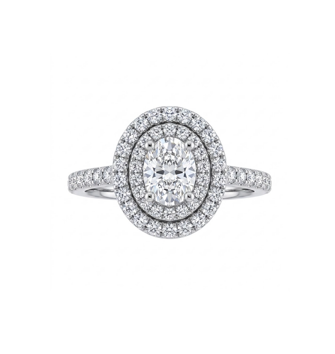 Double Halo Diamond Ring In 14K White Gold with .38 Carat Oval Diamond Center