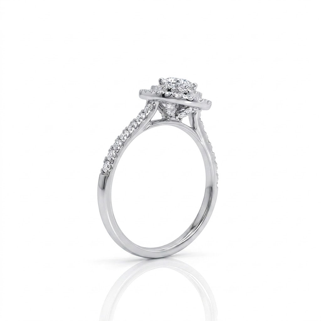 Double Halo Diamond Ring In 14K White Gold with .38 Carat Oval Diamond Center
