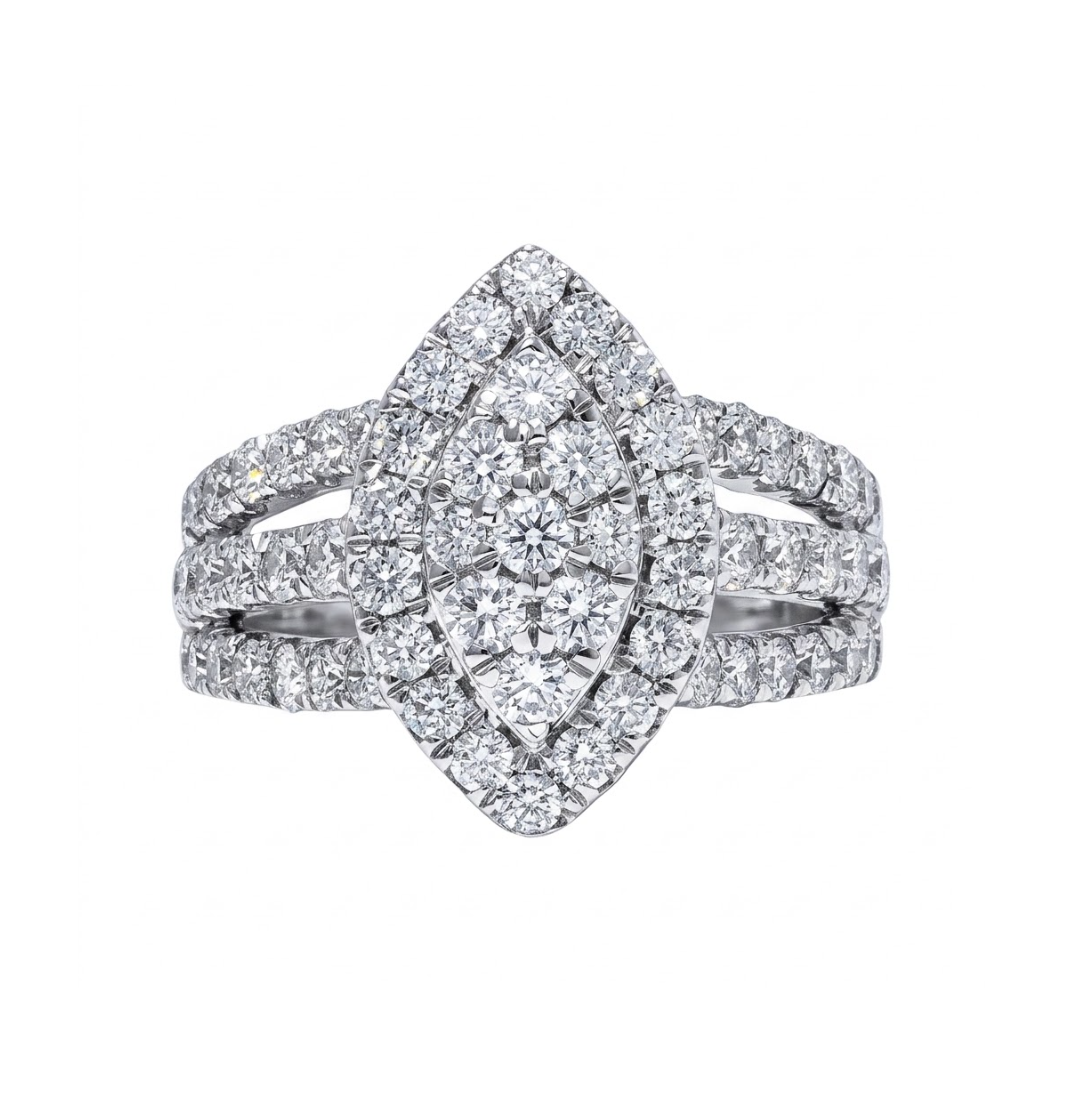 Marquise Diamond Cluster Ring with Round Diamond Halo and Split Shank Band all in 10K White Gold