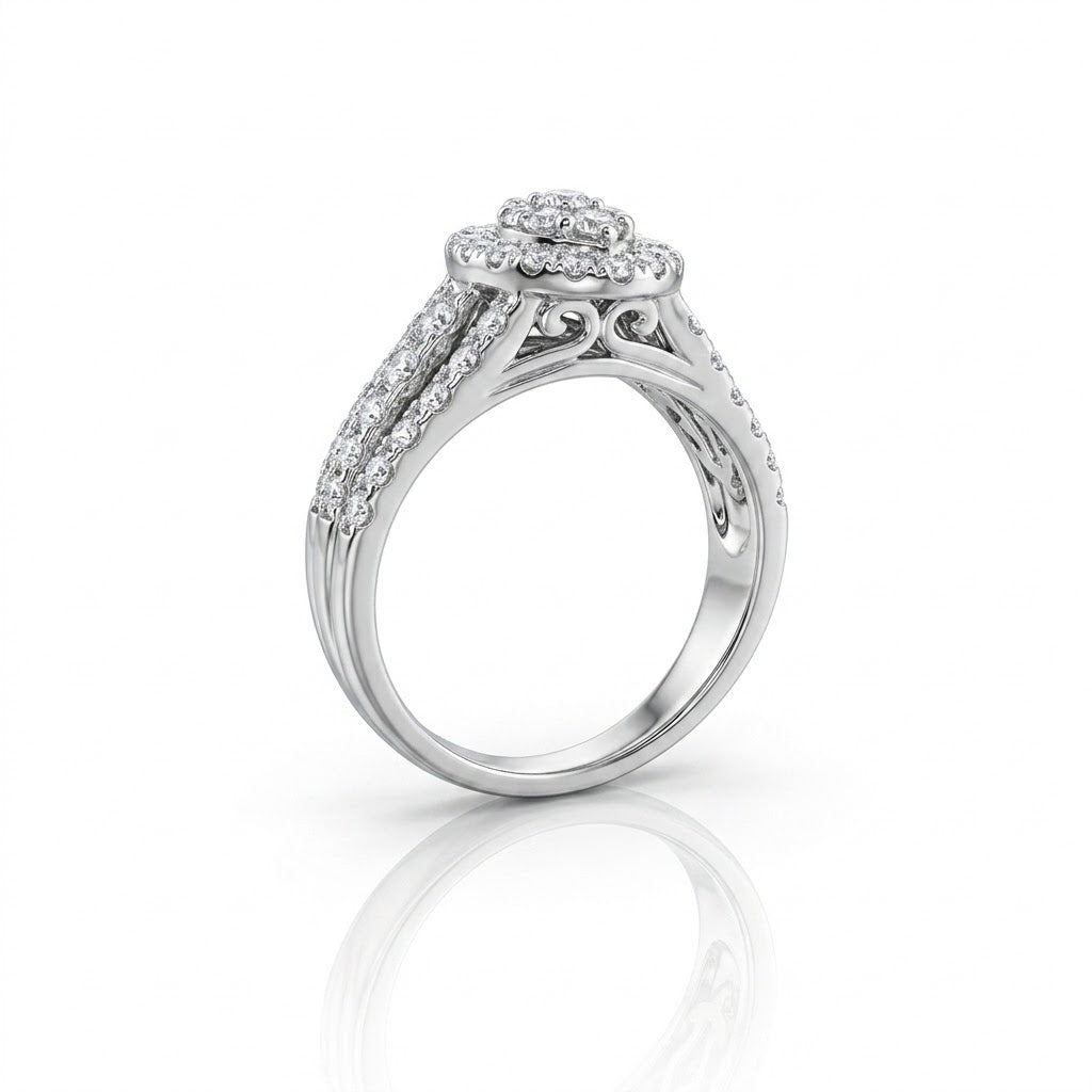 Marquise Diamond Cluster Ring with Round Diamond Halo and Split Shank Band all in 10K White Gold