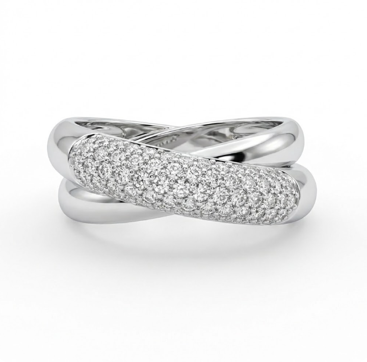 Round Diamond Crossover Ring | 14K White Gold | 0.42 ctw | Pavé Twist Band - Brownee Jewelers