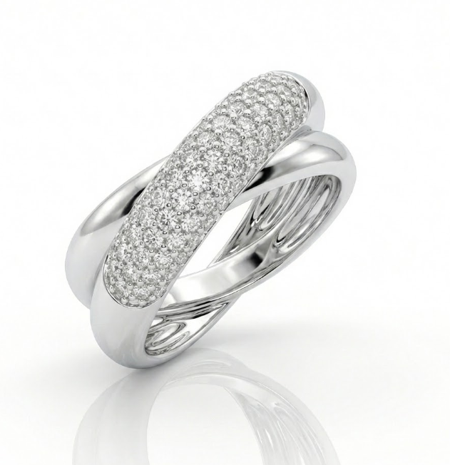 Round Diamond Crossover Ring | 14K White Gold | 0.42 ctw | Pavé Twist Band - Brownee Jewelers