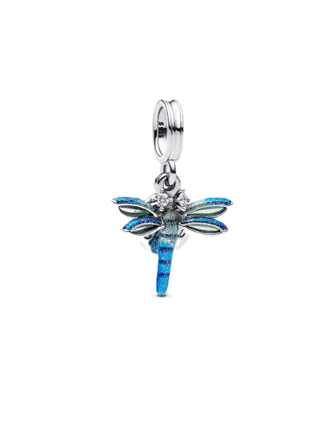 Pandora Blue Enamel and Cubic Zirconia Dragonfly Double Dangle Charm in Sterling Silver with "Free Spirit" Engraving