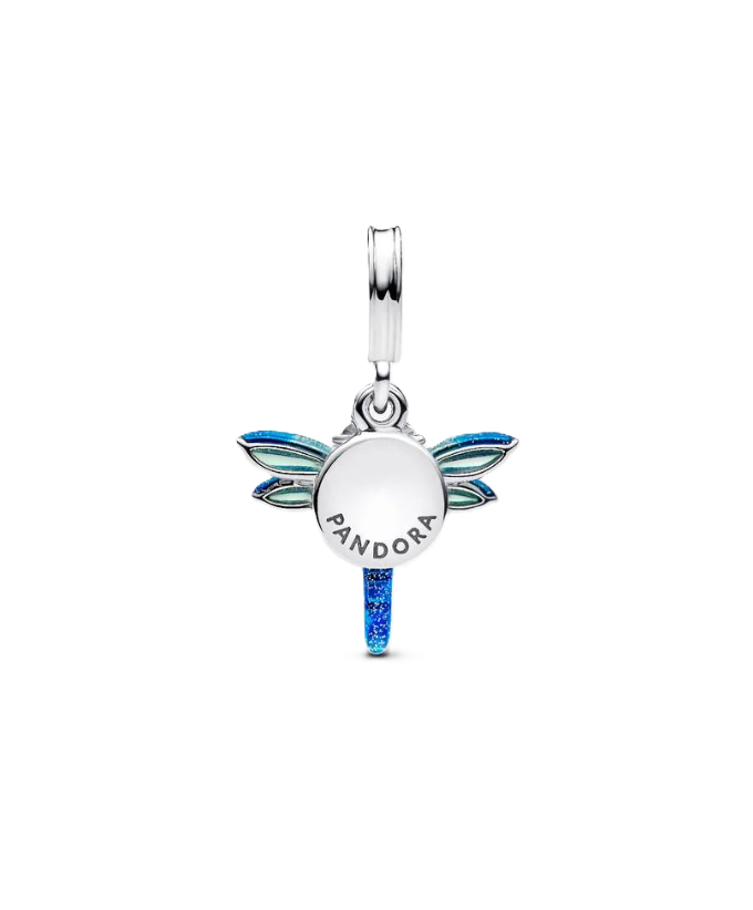 Pandora Blue Enamel and Cubic Zirconia Dragonfly Double Dangle Charm in Sterling Silver with "Free Spirit" Engraving