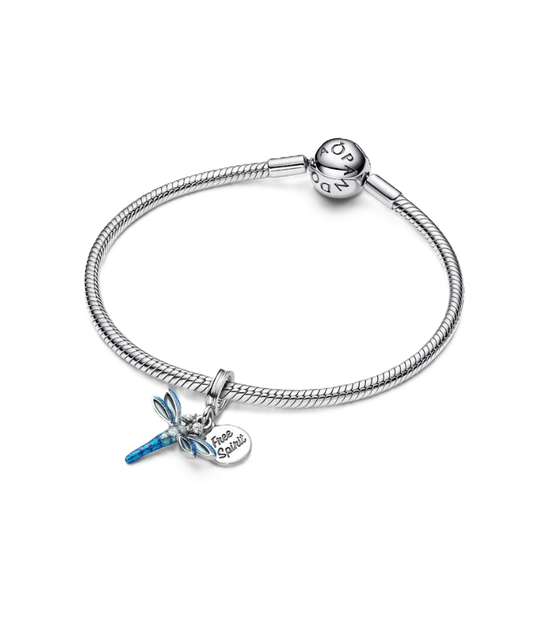 Pandora Blue Enamel and Cubic Zirconia Dragonfly Double Dangle Charm in Sterling Silver with "Free Spirit" Engraving