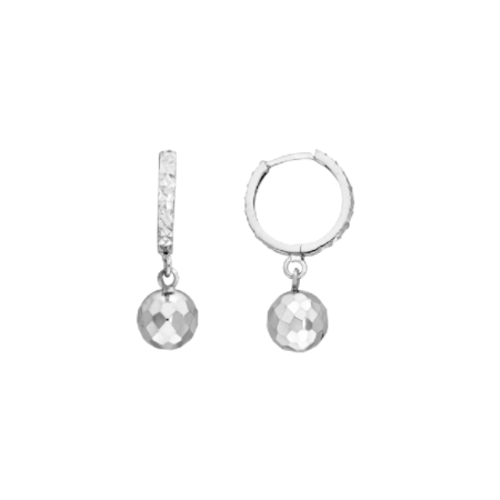 Diamond-Cut Hoop Earrings with Ball Drop in Rhodium-Plated Sterling Silver