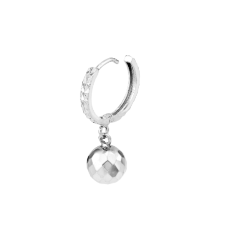Diamond-Cut Hoop Earrings with Ball Drop in Rhodium-Plated Sterling Silver