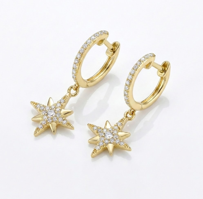 Diamond North Star Drop Earrings | 14K Yellow Gold | 0.19 ctw | Celestial Dangle Earrings - Brownee Jewelers