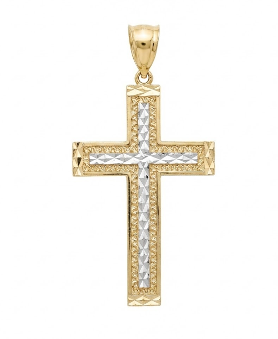 14K Two-Tone Gold Large Double Cross Pendant | Diamond | Statement | Necklace - Brownee Jewelers