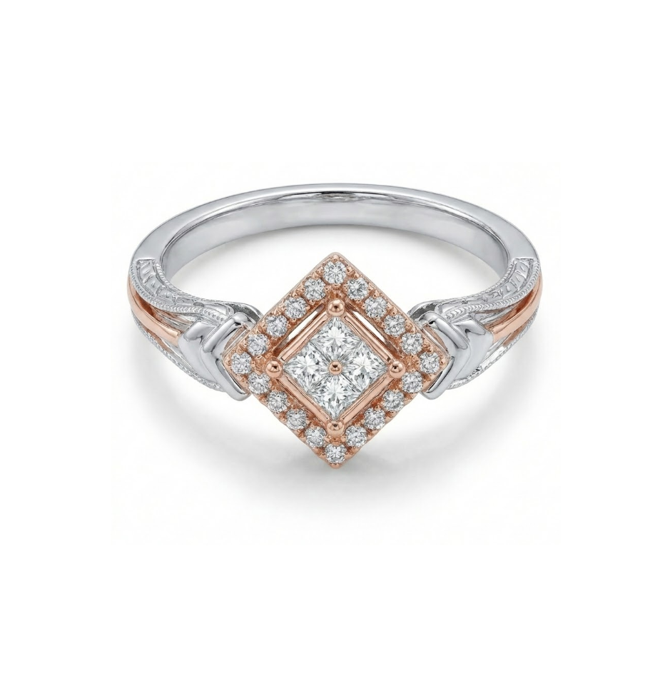 Square Cluster Diamond Ring | 0.25 ctw | 10K Two-Tone Gold | Halo Design - Brownee Jewelers