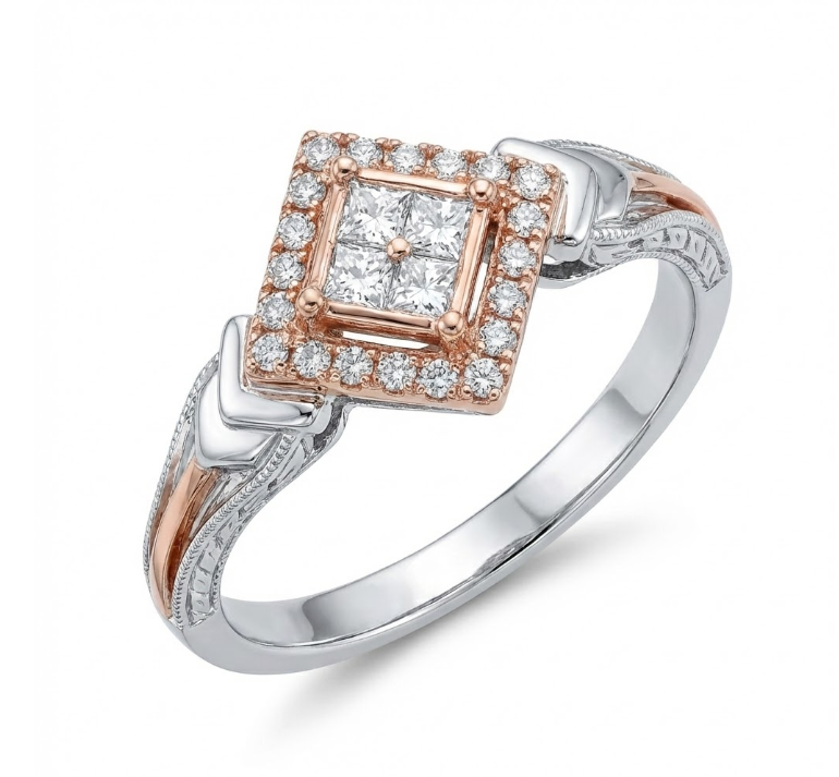 Square Cluster Diamond Ring | 0.25 ctw | 10K Two-Tone Gold | Halo Design - Brownee Jewelers