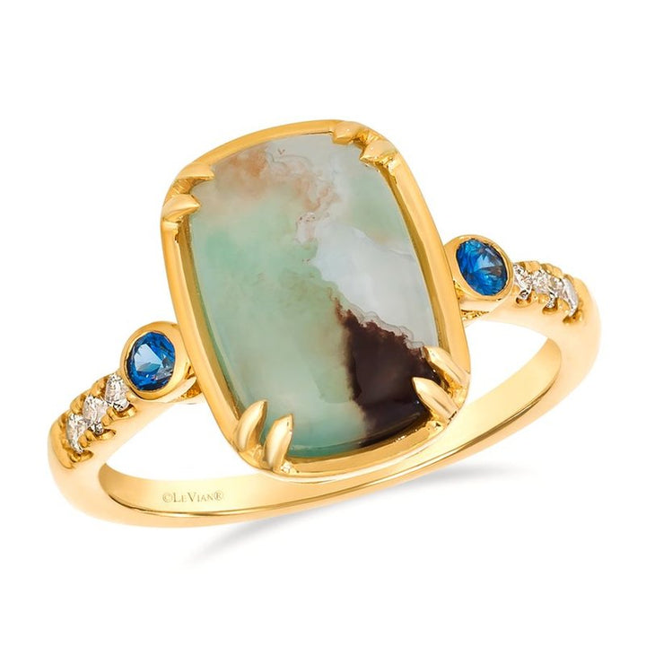 Le Vian® Peacock Aquaprase™ Ring with Blueberry Sapphire™ & Nude Diamonds™ in 14K Honey Gold™ – 2.75ct A breathtaking fusion of color and craftsmanship, this Le Vian® ring showcases 2 3/4 cts. of Peacock Aquaprase™, known for its swirling mix of sea-green, cream, and deep cocoa tones