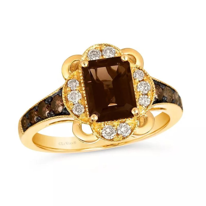 Le Vian® 14K Honey Gold™ Chocolate Quartz® & Chocolate/Nude Diamond™ Ring (1.72ctw) Rich, warm, and unmistakably Le Vian®—this gorgeous ring showcases a bold 1 1/6 ct. Chocolate Quartz® center framed by a scalloped halo of 1/5 cts. Nude Diamonds™