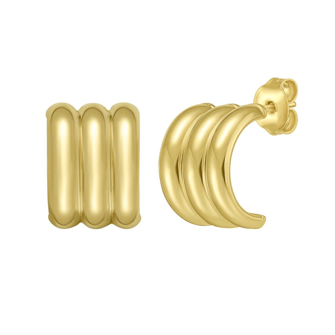 Triple Ribbed C-Hoop Earrings | 14K Yellow Gold | Earrings | Polished Ribbed Design | Push Back Closure - Brownee Jewelers