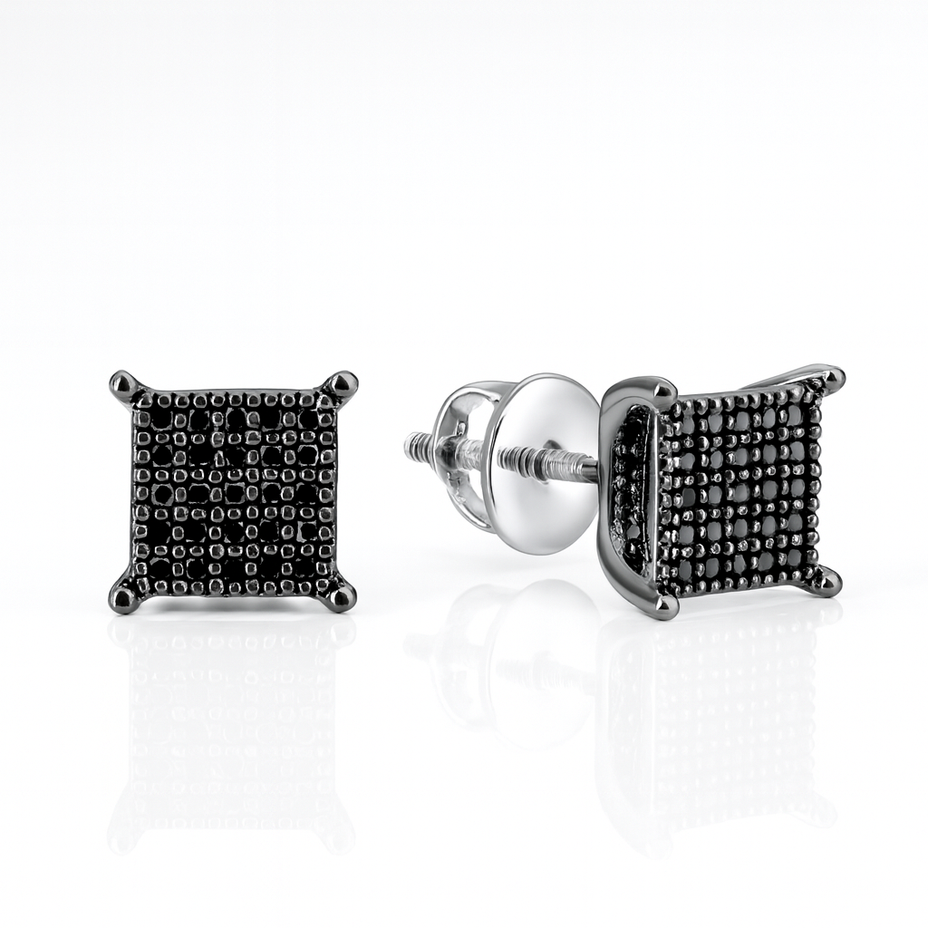 8981630685 - Sterling Silver Square Black Diamond Cluster Stud Earrings – .23 CTW Bold, modern, and built for standout style — these sterling silver stud earrings feature a striking square cluster of treated round black diamonds, totaling .23 carats. - Brownee Jewelers