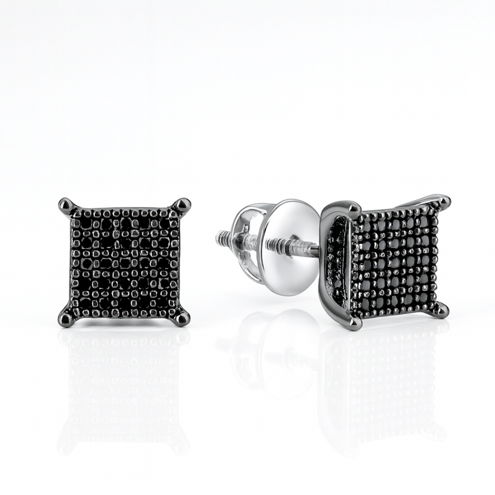 8981630685 - Sterling Silver Square Black Diamond Cluster Stud Earrings – .23 CTW Bold, modern, and built for standout style — these sterling silver stud earrings feature a striking square cluster of treated round black diamonds, totaling .23 carats. - Brownee Jewelers