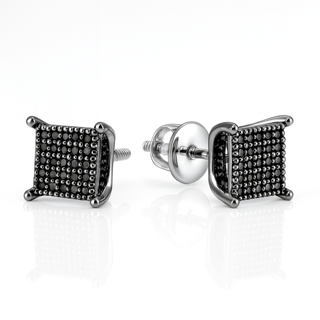8981630685 - Sterling Silver Square Black Diamond Cluster Stud Earrings – .23 CTW Bold, modern, and built for standout style — these sterling silver stud earrings feature a striking square cluster of treated round black diamonds, totaling .23 carats. - Brownee Jewelers