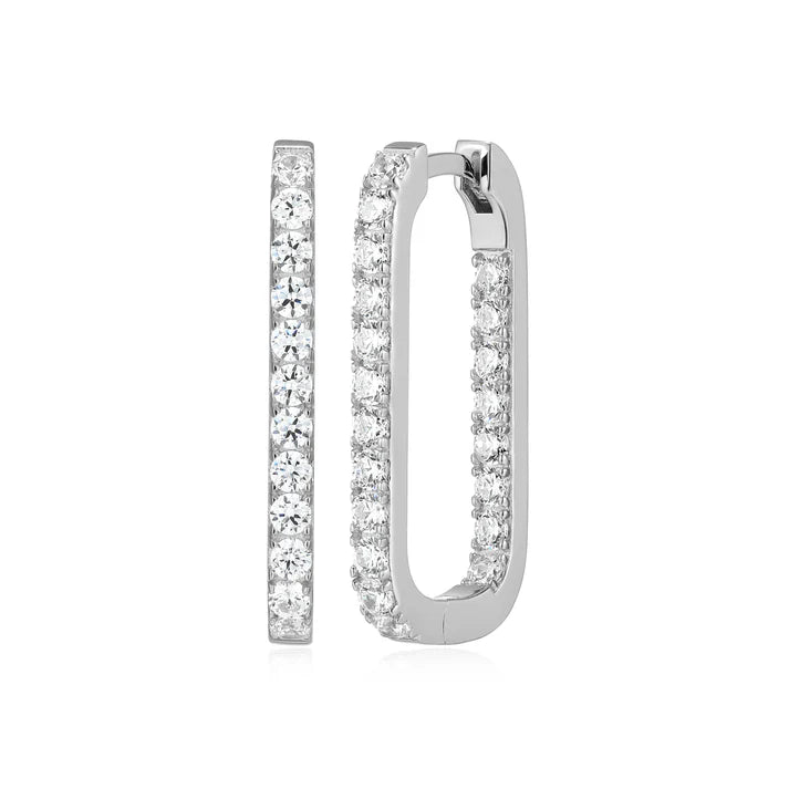 Sterling Silver Rhodium-Plated Pavé Inside-Outside Cubic Zirconia Rectangular Hoop Earrings