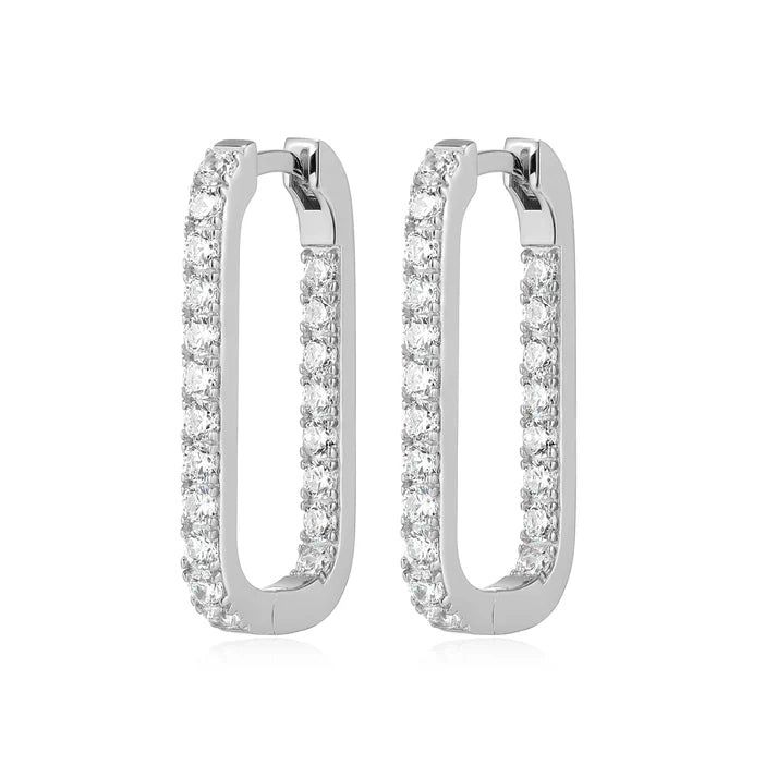 Sterling Silver Rhodium-Plated Pavé Inside-Outside Cubic Zirconia Rectangular Hoop Earrings