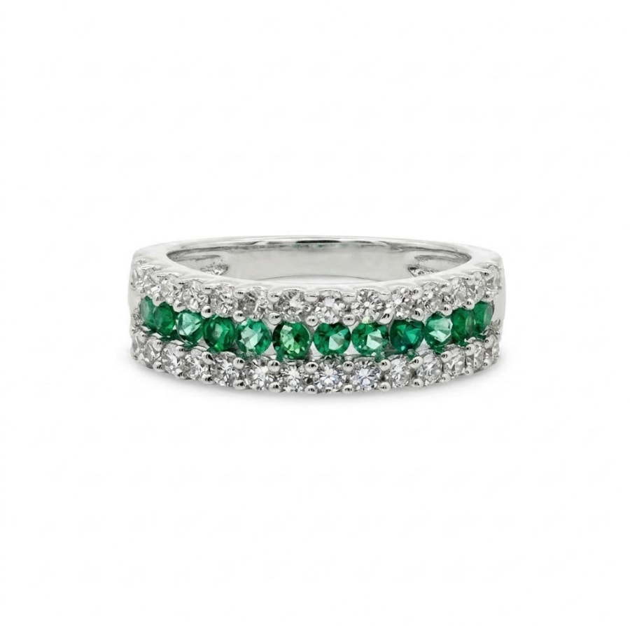 Emerald & Lab-Grown Diamond Three-Row Band | 10K White Gold | 0.85 ctw | Stackable Ring - Brownee Jewelers