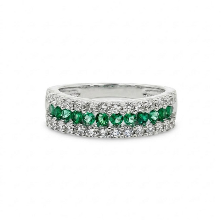 Emerald & Lab-Grown Diamond Three-Row Band | 10K White Gold | 0.85 ctw | Stackable Ring - Brownee Jewelers