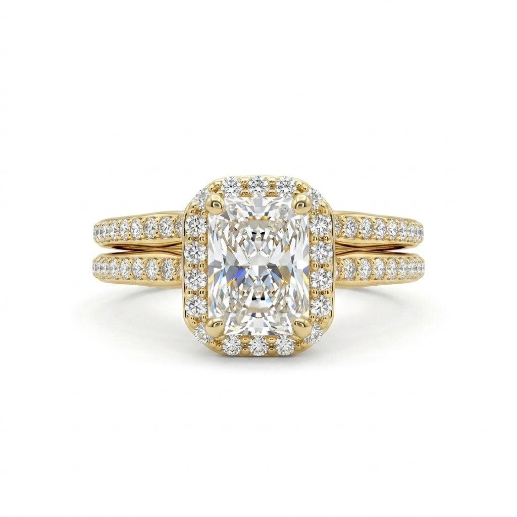 Radiant-Cut Diamond Bridal Set | 14K Yellow Gold | Halo Engagement Ring Set | 1.30 CT Center Diamond with Pavé Accents - Brownee Jewelers
